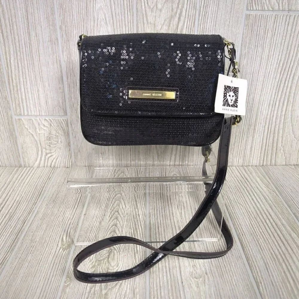 Anne Klein Womens Sequin Shoulder Bag Purse Black Floral Print Interior NWT
